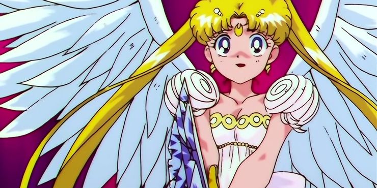 Serena como Princesa Serenity na batalha final de Sailor Stars