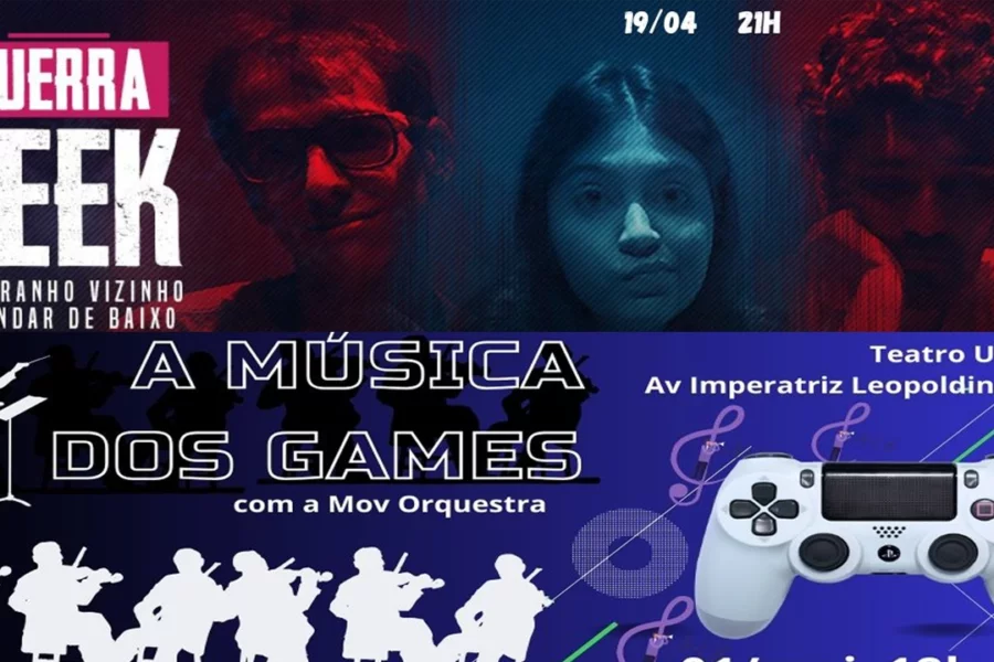 O Teatro Unicid apresentará os espetáculos Guerra Geek dia 19 de abril de 2024 e A Música dos Games dia 1 de maio de 2024.