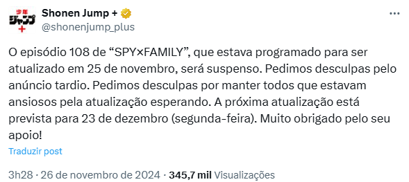 Os fãs de Spy x Family receberam uma notícia inesperada: o capítulo 108 do mangá não será lançado conforme planejado. 