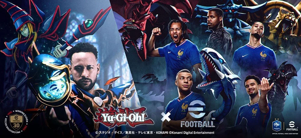 KONAMI anuncia crossover entre Neymar e Yu-Gi-Oh! no TGS 2025, com carta exclusiva Neymar x Dark Magician para celebrar 30 anos de eFootball.