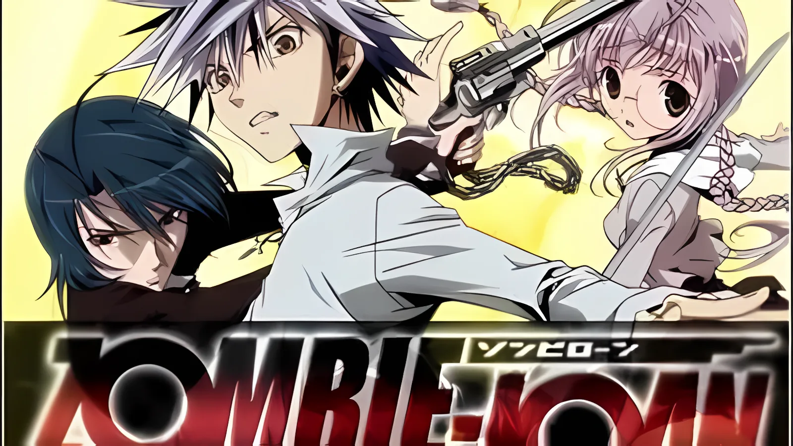 Trio protagonista com armas no anime Zombie-Loan