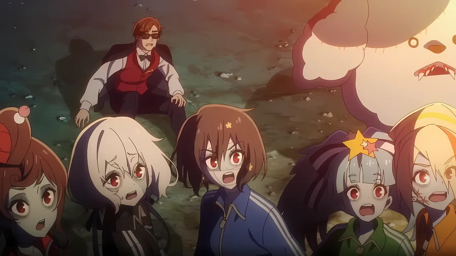 Grupo idol de zumbis em performance no anime Zombieland Saga