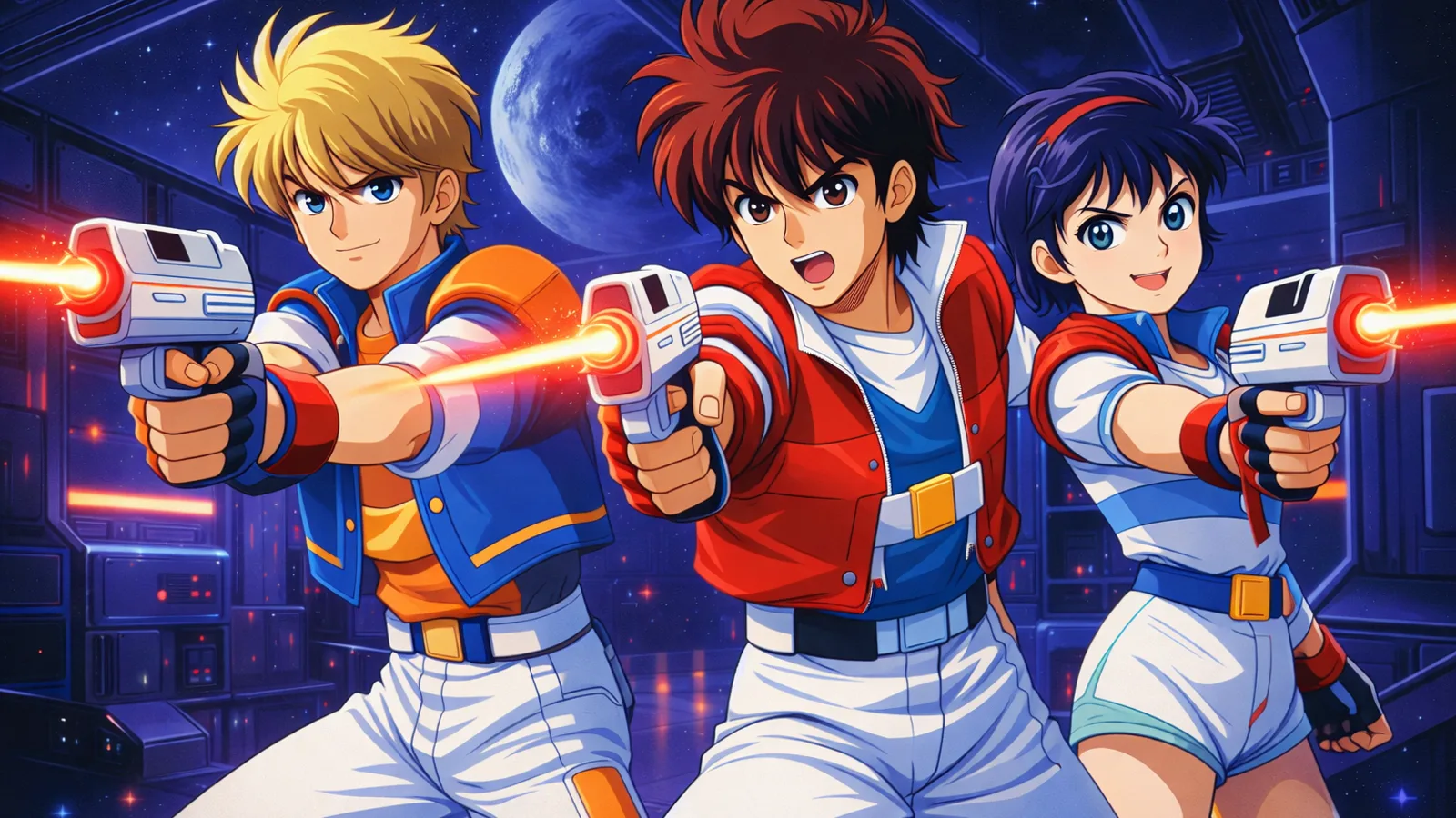 Ilustração estilo anime anos 80 de três jovens heróis com pistolas em cenário futurista