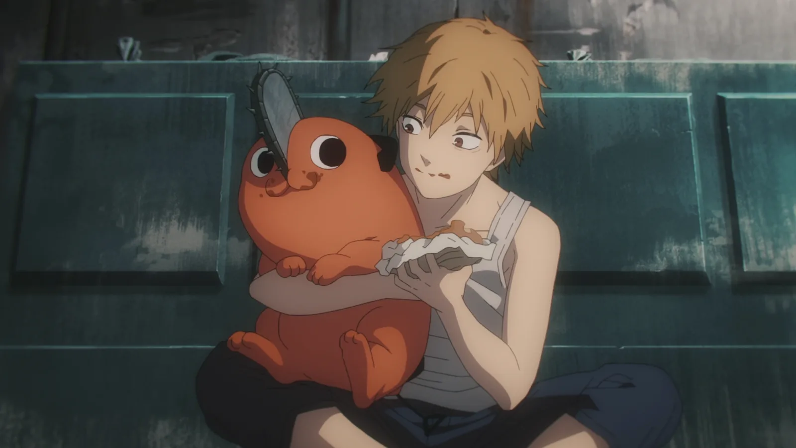 Denji abraçado com o Pochita dividindo um lanche em Chainsaw Man
