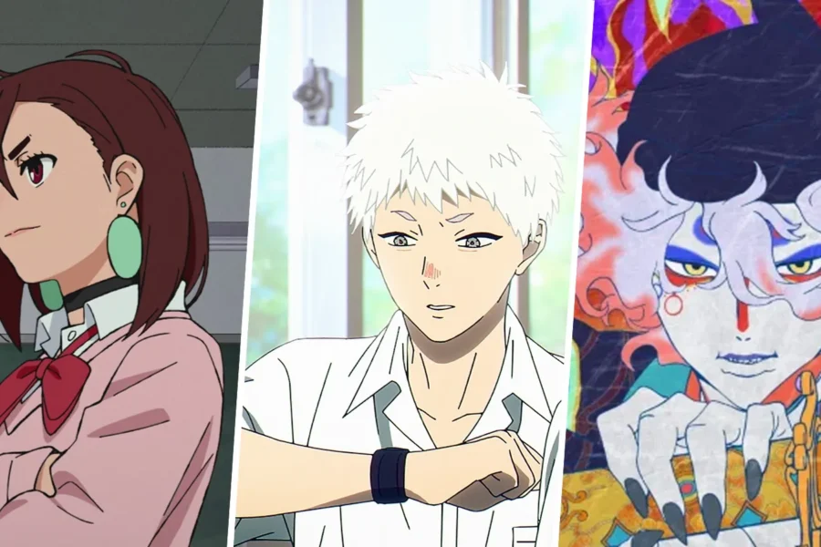 Momo de Dandadan, Hikaru de The Summer Hikaru Died e o Vendedor de Remédios de Mononoke lado a lado