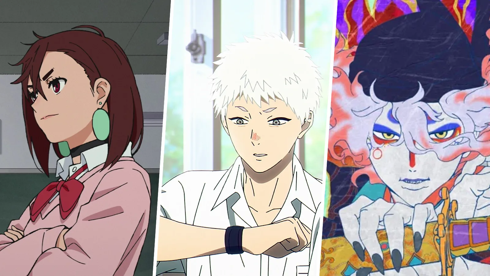 Momo de Dandadan, Hikaru de The Summer Hikaru Died e o Vendedor de Remédios de Mononoke lado a lado