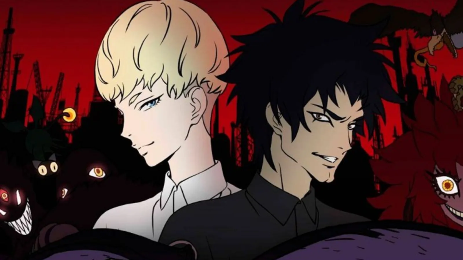 Ryo e Akira com demônios ao fundo em Devilman Crybaby