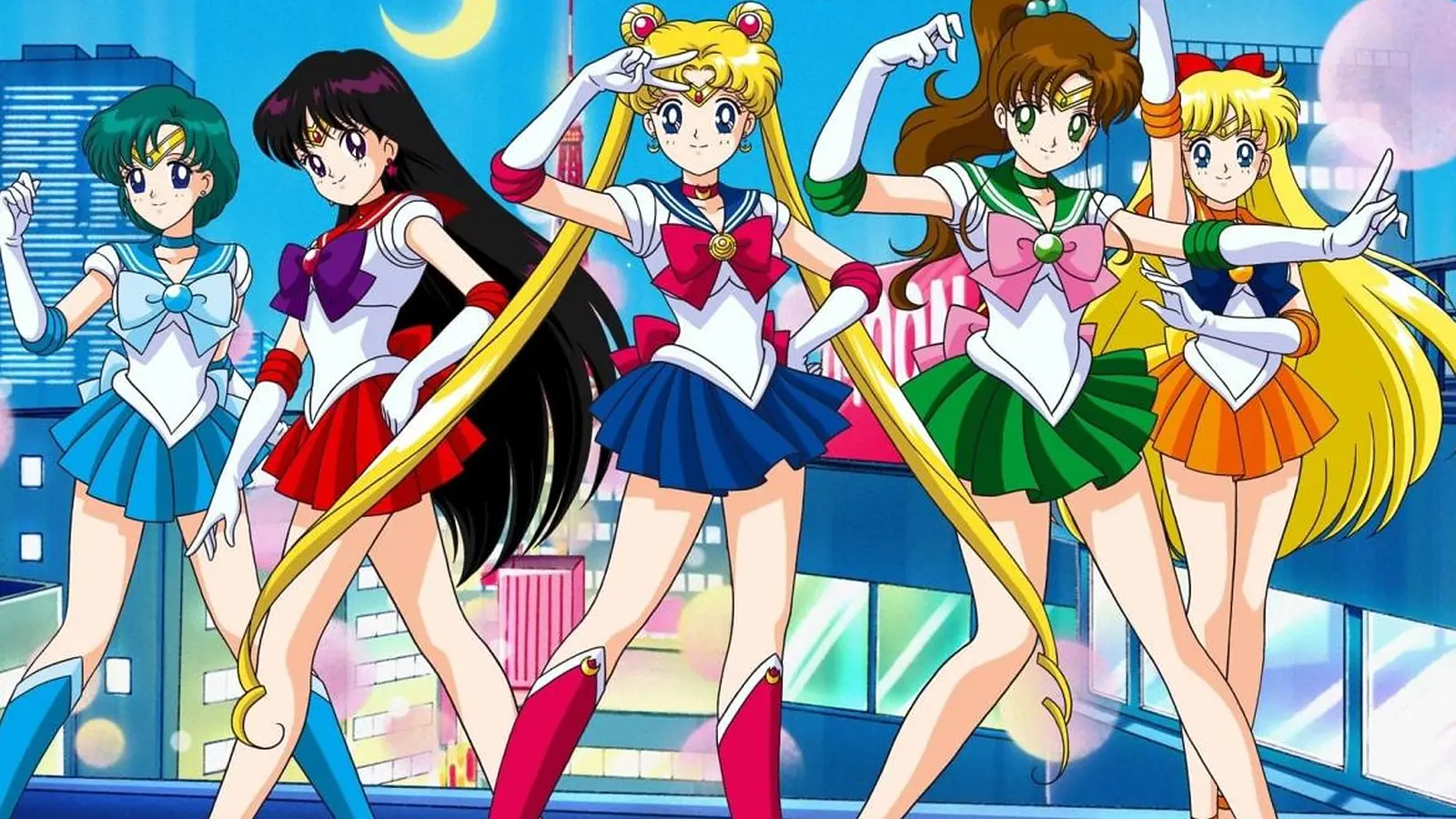 Sailor Mercury, Sailor Mars, Sailor Moon, Sailor Jupiter e Sailor Venus no anime clássico